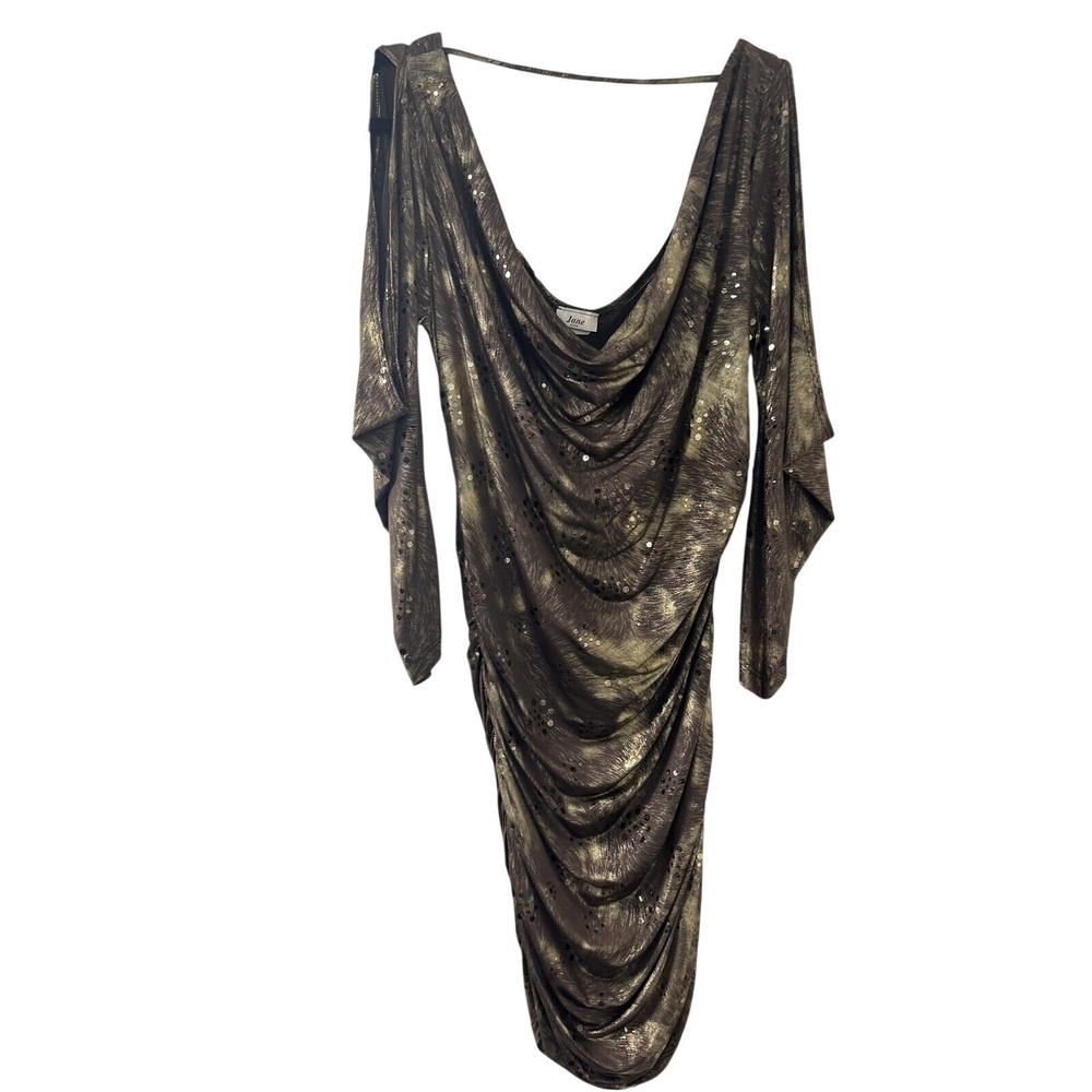 Jane USA Brown Gold Metallic Sequin Cold Shoulder Ruched Cowl Neck Dress‎ 37in L